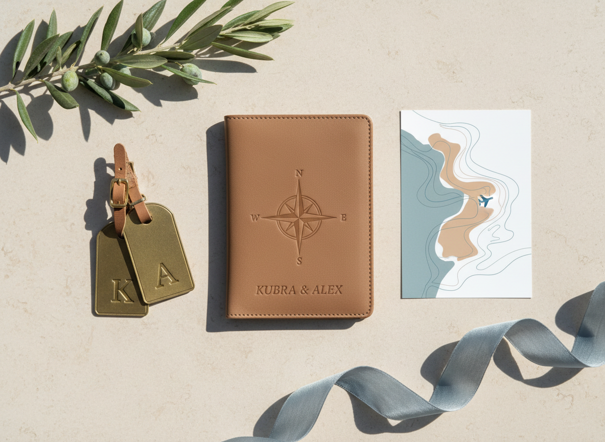 A refined flat-lay composition of travel-themed wedding details for Kubra and Alex: an elegant leather-bound passport cover in warm taupe, a pair of vintage-style brass luggage tags engraved with initials “K” and “A,” and a minimalist map showing an abstract coastal destination, all arranged on a pale stone surface. Nearby, a sprig of olive branch and a silk ribbon in soft dusty blue add organic softness. Gentle natural daylight from above and slightly to the right creates subtle shadows, enhancing textures of leather and paper. Photographic realism with a top-down, bird’s-eye composition, carefully balanced and uncluttered, evoking a mood of sophisticated wanderlust and calm organization, ideal for a travel and accommodations section of a wedding website, with no people included.