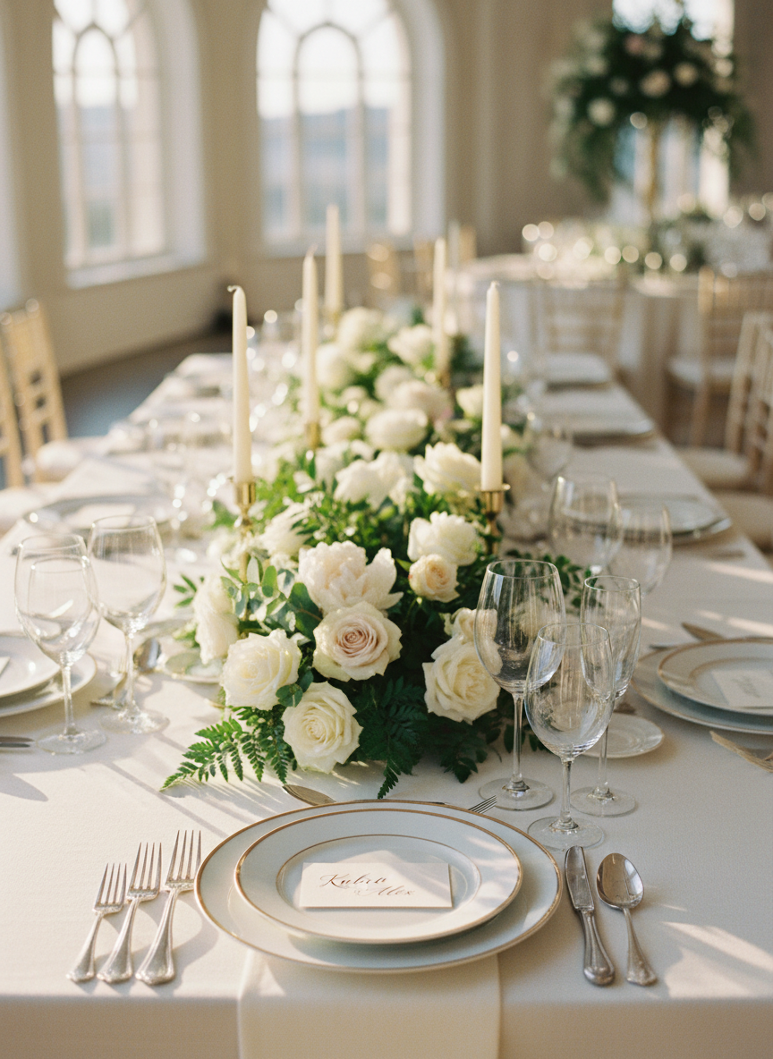 An impeccably set wedding reception table featuring a long, narrow arrangement of white and blush flowers, lush greenery, and tall slender taper candles in brushed gold holders running down the center. Fine bone china plates with a subtle rim, crystal wine glasses, and polished silver cutlery are aligned with meticulous precision atop an ivory linen tablecloth. A small, minimalist place card reading “Kubra & Alex” sits at the forefront. Warm, golden hour light streams in from large windows, glinting off the glassware and casting soft elongated shadows. Photographic realism, captured at eye level along the length of the table, using a shallow depth of field to create a dreamy, sophisticated ambiance ideal for a wedding details section, with no people in the frame.