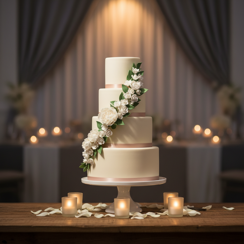 A refined dessert display for Kubra and Alex’s wedding: a tall, three-tiered cake with smooth ivory fondant, each tier wrapped with a thin silk ribbon in muted blush and adorned sparingly with white sugar flowers and eucalyptus leaves cascading down one side. The cake stands on a simple white pedestal atop a natural wood table. Around it, a few votive candles in frosted glass holders and scattered white rose petals add subtle romance. The background is softly blurred, suggesting an upscale reception space with neutral tones. Warm, focused spotlighting from above highlights the cake’s flawless texture and casts gentle, soft-edged shadows. Photographic realism, framed slightly off-center using the rule of thirds, conveying an atmosphere of understated luxury and celebration, ideal for a reception or details section, with no people visible.
