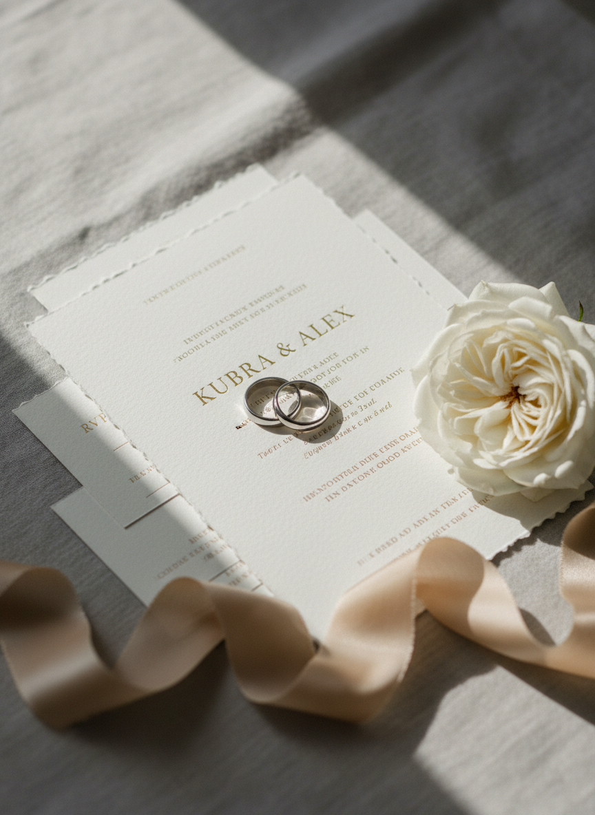 A pair of elegant wedding rings resting atop a thick, ivory wedding invitation suite, printed on textured cotton paper with refined serif typography reading “Kubra & Alex.” The stationery is arranged on a soft linen surface in muted dove gray, accented by a silk ribbon in warm champagne and a single white garden rose lying nearby. Soft natural window light from the left creates delicate highlights on the polished metal bands and gentle shadows along the paper’s deckled edges. Photographic realism, shot from a slightly elevated angle with a shallow depth of field, keeping the rings and names in crisp focus while the background softly blurs. The mood is sophisticated, romantic, and timeless, perfect for a luxury wedding website hero image without any people present.