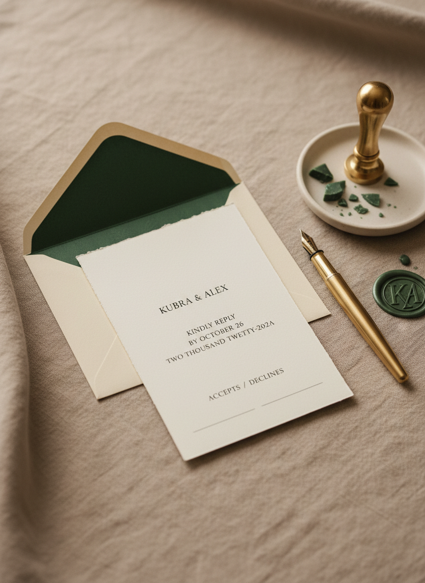 A minimalist, modern RSVP vignette featuring a thick, matte RSVP card for Kubra & Alex placed neatly atop a matching ivory envelope with a deep green liner peeking out. Next to it lies a classic brass fountain pen and an elegant wax seal stamp resting on a small ceramic dish with a few broken wax remnants. The setup sits on a soft, textured linen cloth in a warm neutral tone. Soft, diffused studio lighting from the left creates delicate highlights on the brass and wax, while remaining gentle enough to preserve a calm, sophisticated mood. Photographic realism, shot from a slightly elevated angle with a shallow depth of field, keeping the RSVP card text crisply legible while the edges subtly blur, ideal for illustrating the RSVP section, with no human hands or figures.