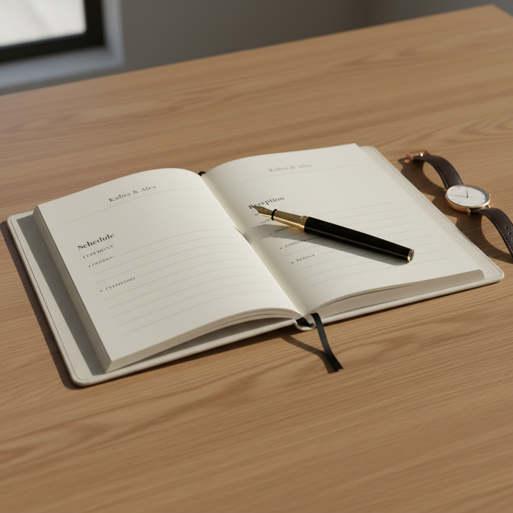 An open, linen-bound wedding planning notebook resting on a smooth oak table, its pages filled with neatly printed sections titled “Schedule,” “Ceremony,” and “Reception” in an elegant serif font, with Kubra & Alex subtly printed at the top of the page. A fine black fountain pen with a gold nib is placed diagonally across the pages, next to a small, minimalistic analog watch with a leather strap, symbolizing timing and organization. Soft, indirect natural light from a nearby window washes across the scene, emphasizing the textures of linen, paper, and wood, while casting gentle, elongated shadows. Photographic realism, captured from a slightly elevated angle with moderate depth of field, evoking a calm, organized, and sophisticated mood, perfect for illustrating the wedding day schedule, with no humans present anywhere in the frame.