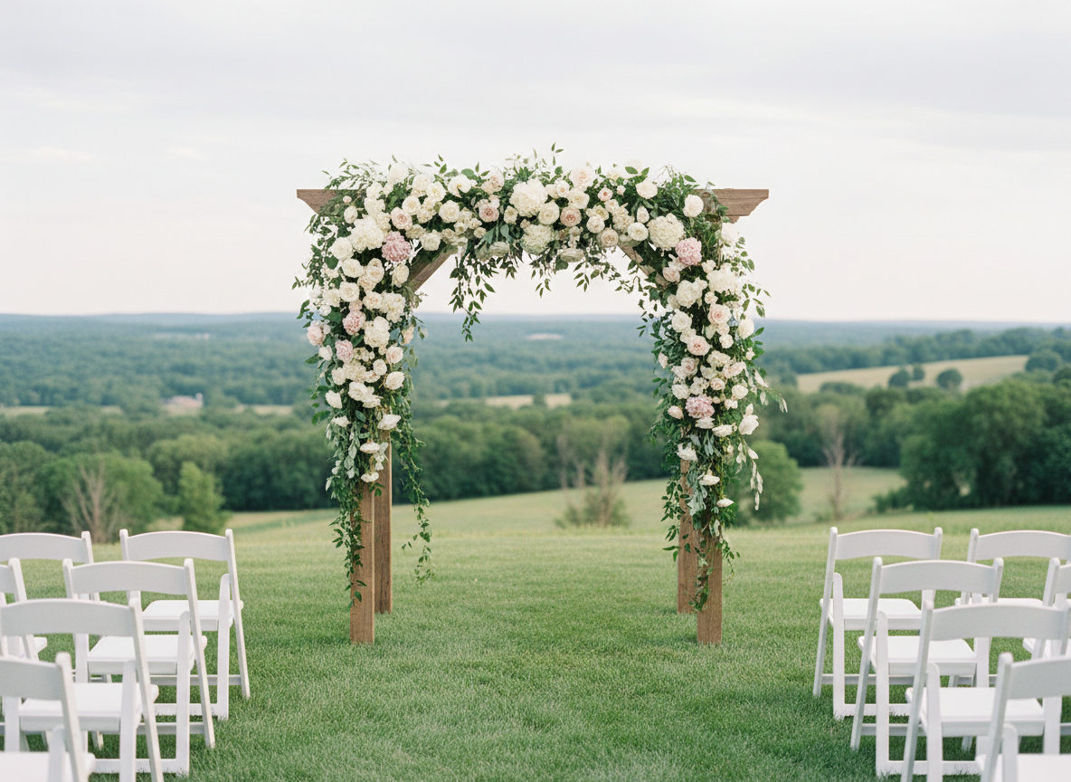 A classic outdoor ceremony arch constructed of natural wood, completely adorned with cascading white and soft blush blooms, intertwined eucalyptus, and delicate trailing vines, standing on a manicured lawn overlooking a serene, slightly out-of-focus landscape of rolling hills and distant trees. Rows of simple white chairs with slim silhouettes are arranged symmetrically, leading the viewer’s eye toward the floral arch. The scene is bathed in soft, diffused late-afternoon light under a lightly overcast sky, creating gentle, flattering illumination with minimal harsh shadows. Photographic realism, shot from a central, eye-level perspective with moderate depth of field, conveying a tranquil, anticipatory mood and a sophisticated, understated elegance suited for showcasing ceremony information, with zero human presence.